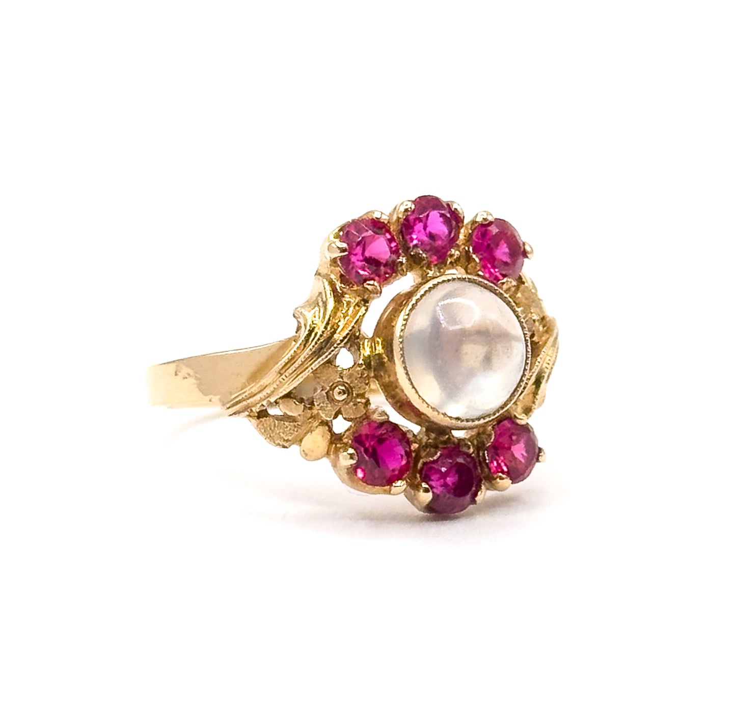 Retro Moonstone & Ruby Floral Ring in 14K Yellow Gold