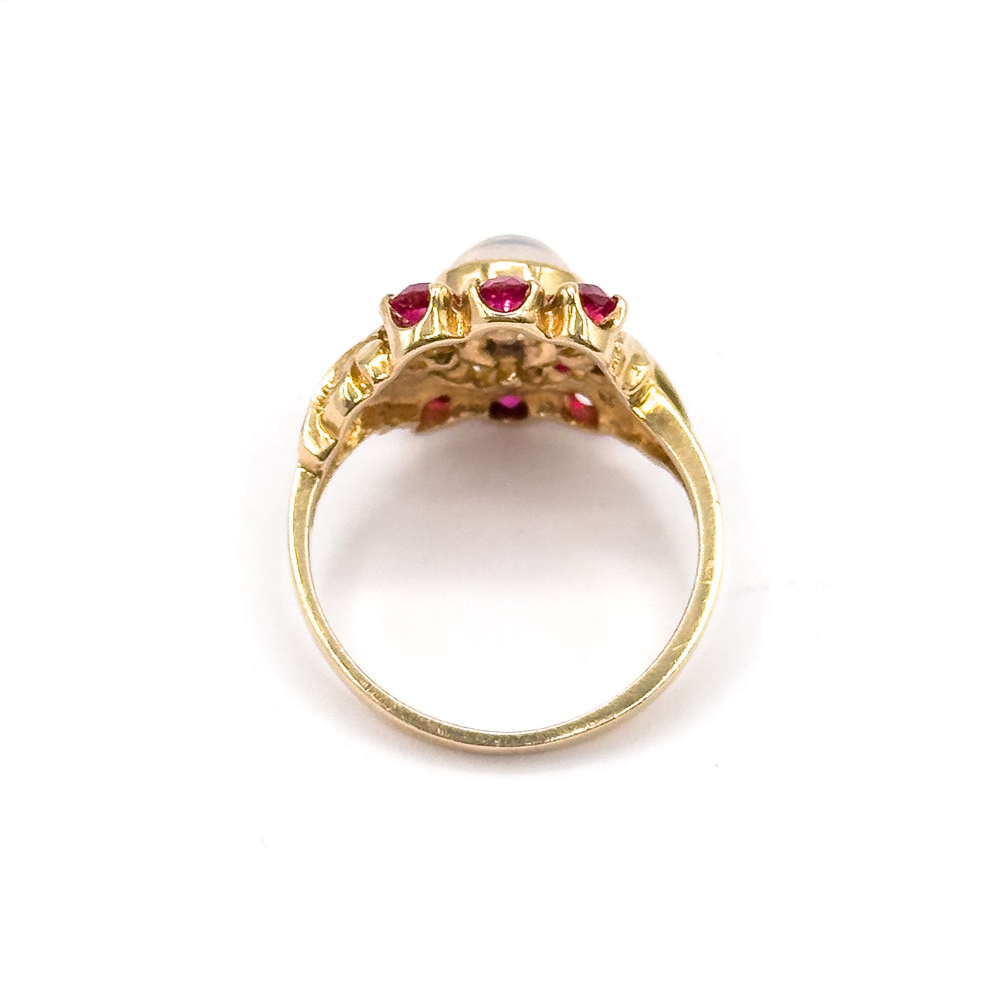 Retro Moonstone & Ruby Floral Ring in 14K Yellow Gold