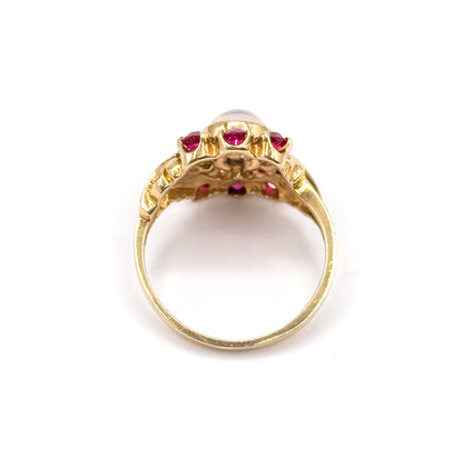 Retro Moonstone & Ruby Floral Ring in 14K Yellow Gold