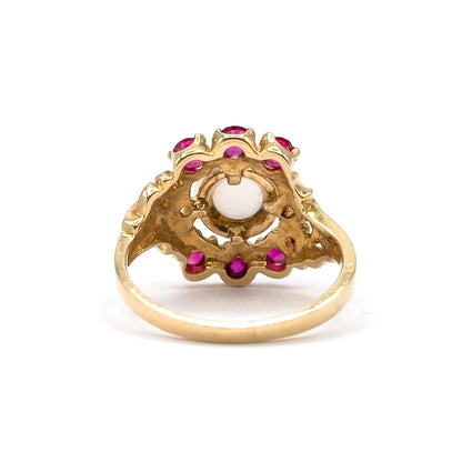 Retro Moonstone & Ruby Floral Ring in 14K Yellow Gold