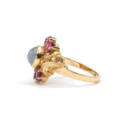 Retro Moonstone & Ruby Floral Ring in 14K Yellow Gold