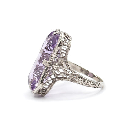 Art Deco Amethyst Filigree Ring in 14K White Gold