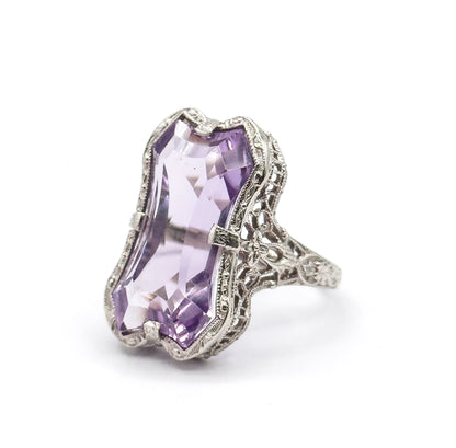 Art Deco Amethyst Filigree Ring in 14K White Gold