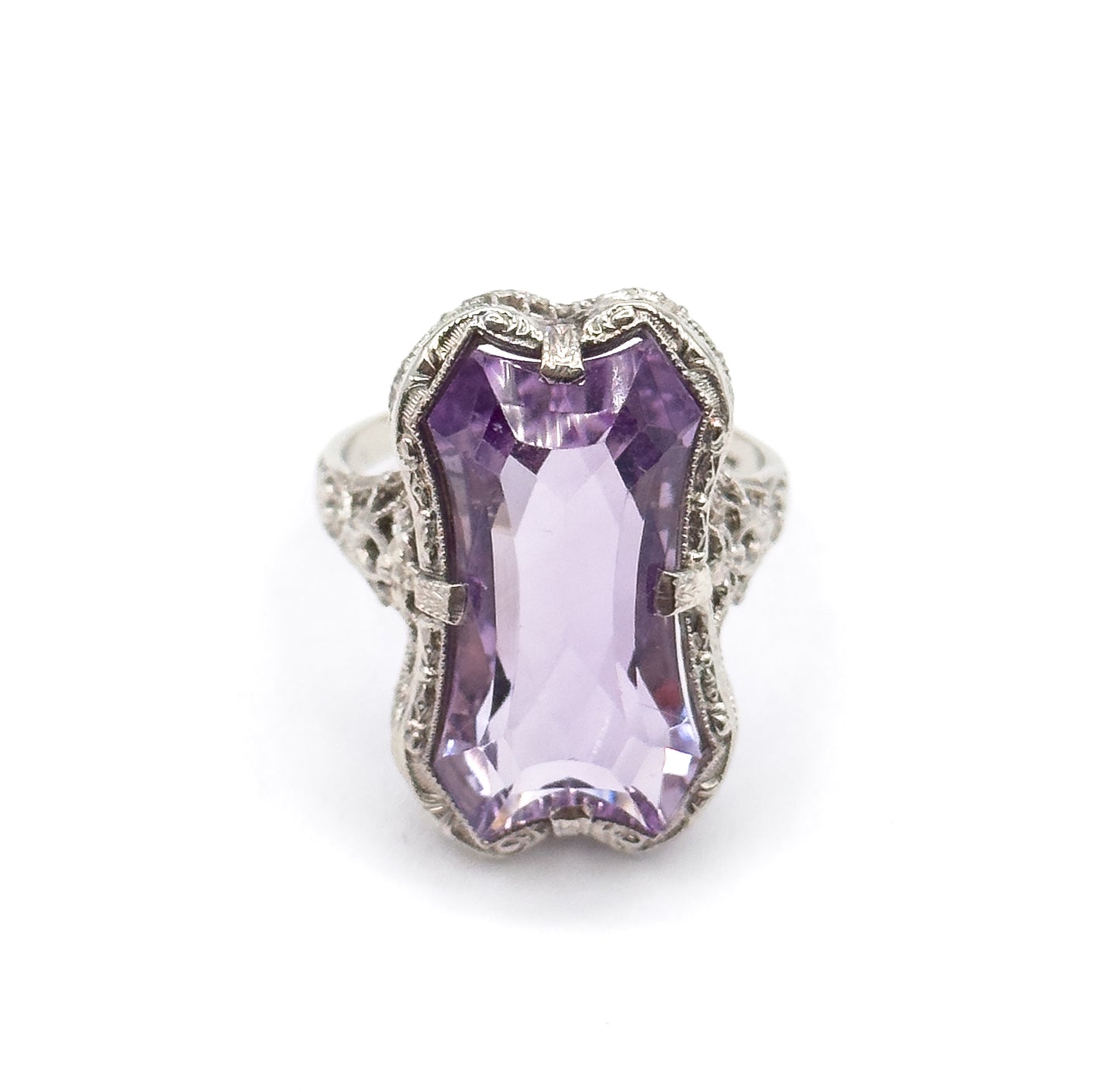 Art Deco Amethyst Filigree Ring in 14K White Gold