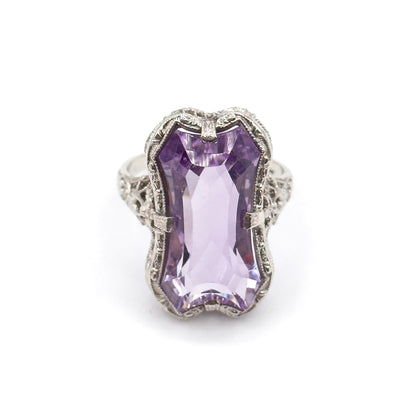 Art Deco Amethyst Filigree Ring in 14K White Gold