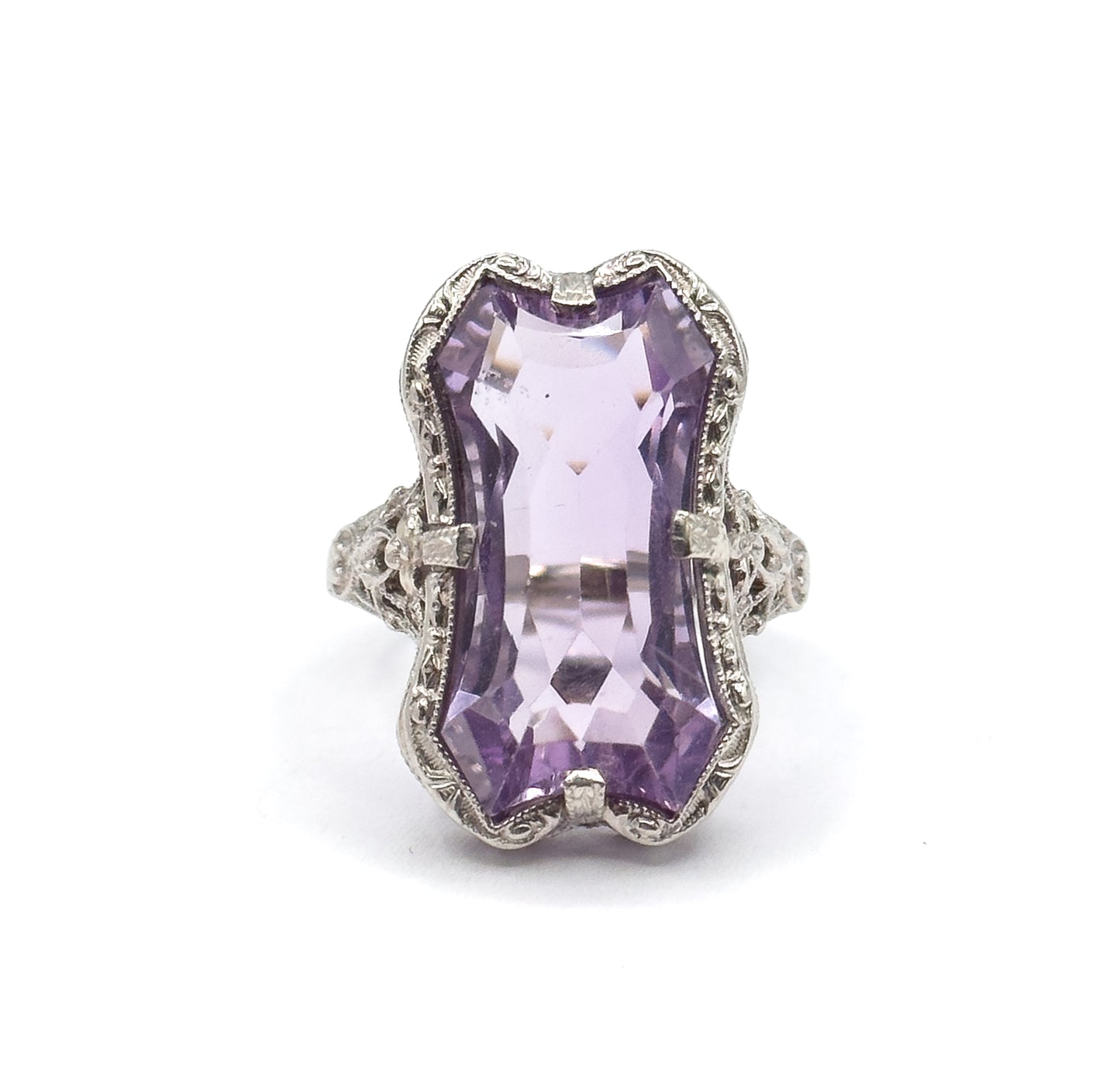 Art Deco Amethyst Filigree Ring in 14K White Gold