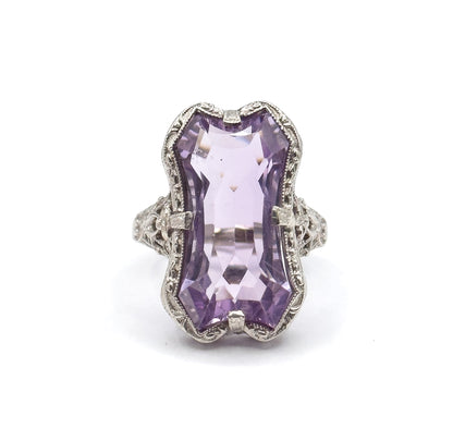 Art Deco Amethyst Filigree Ring in 14K White Gold