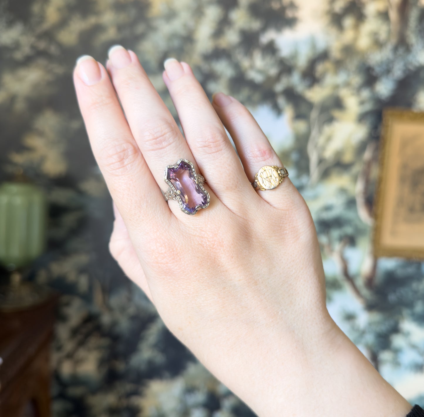 Art Deco Amethyst Filigree Ring in 14K White Gold