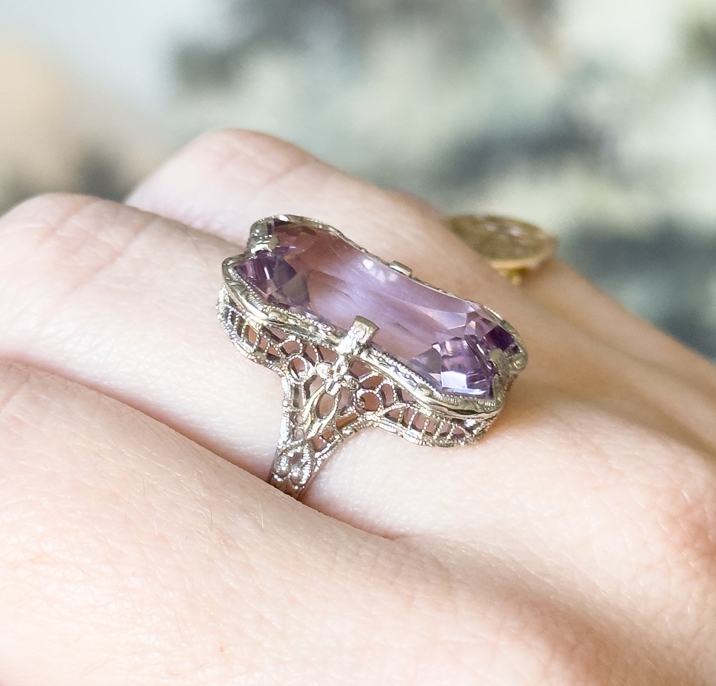 Art Deco Amethyst Filigree Ring in 14K White Gold
