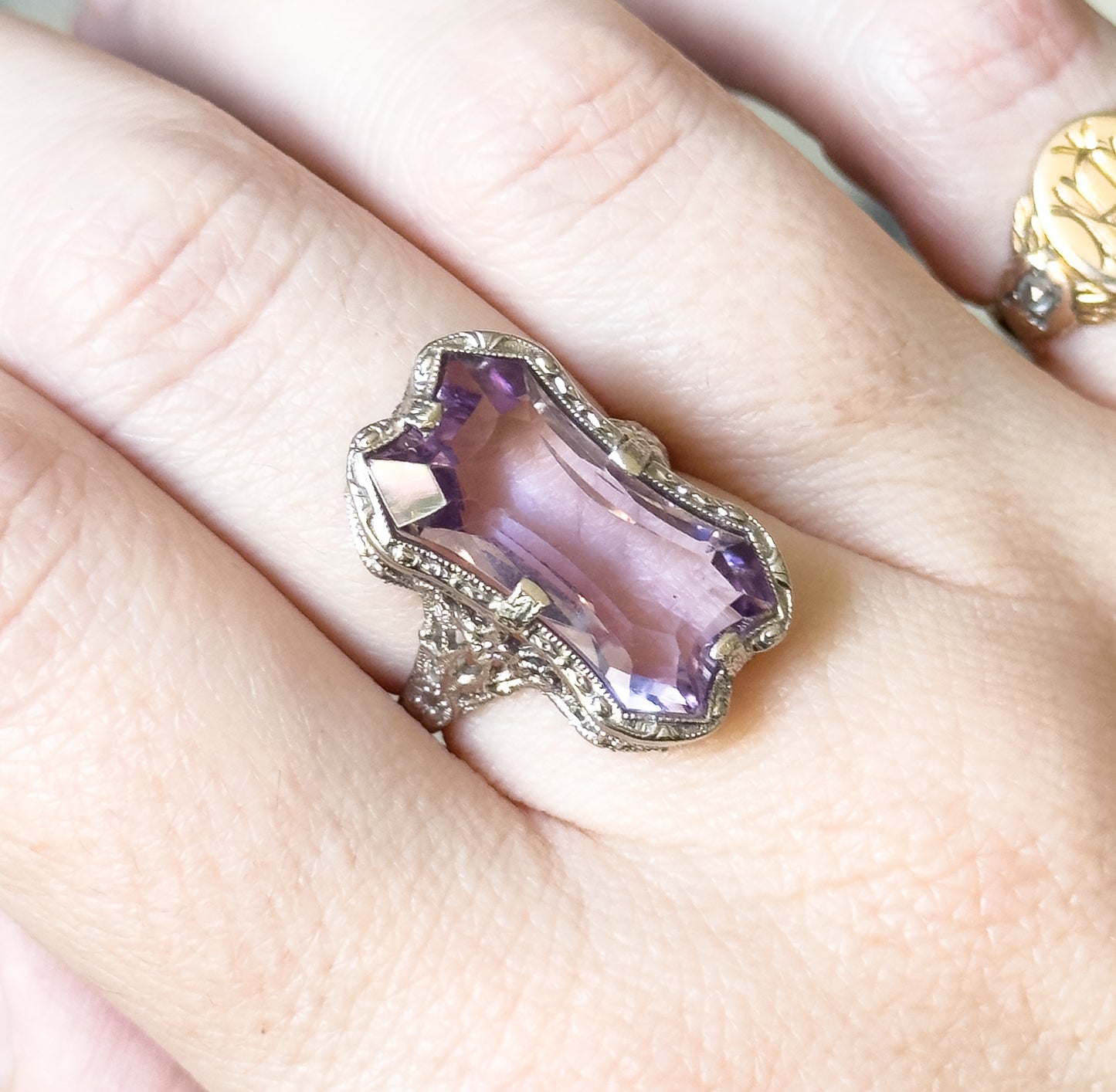 Art Deco Amethyst Filigree Ring in 14K White Gold