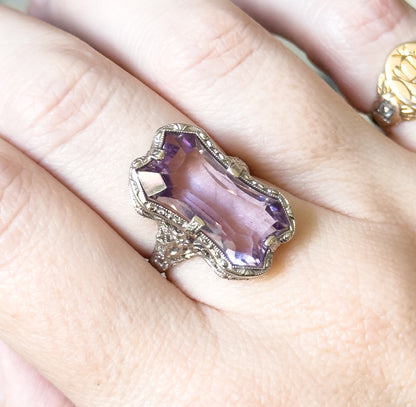 Art Deco Amethyst Filigree Ring in 14K White Gold