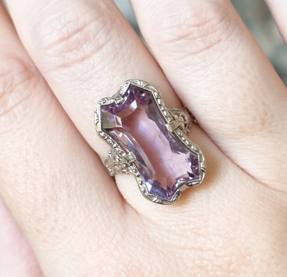 Art Deco Amethyst Filigree Ring in 14K White Gold