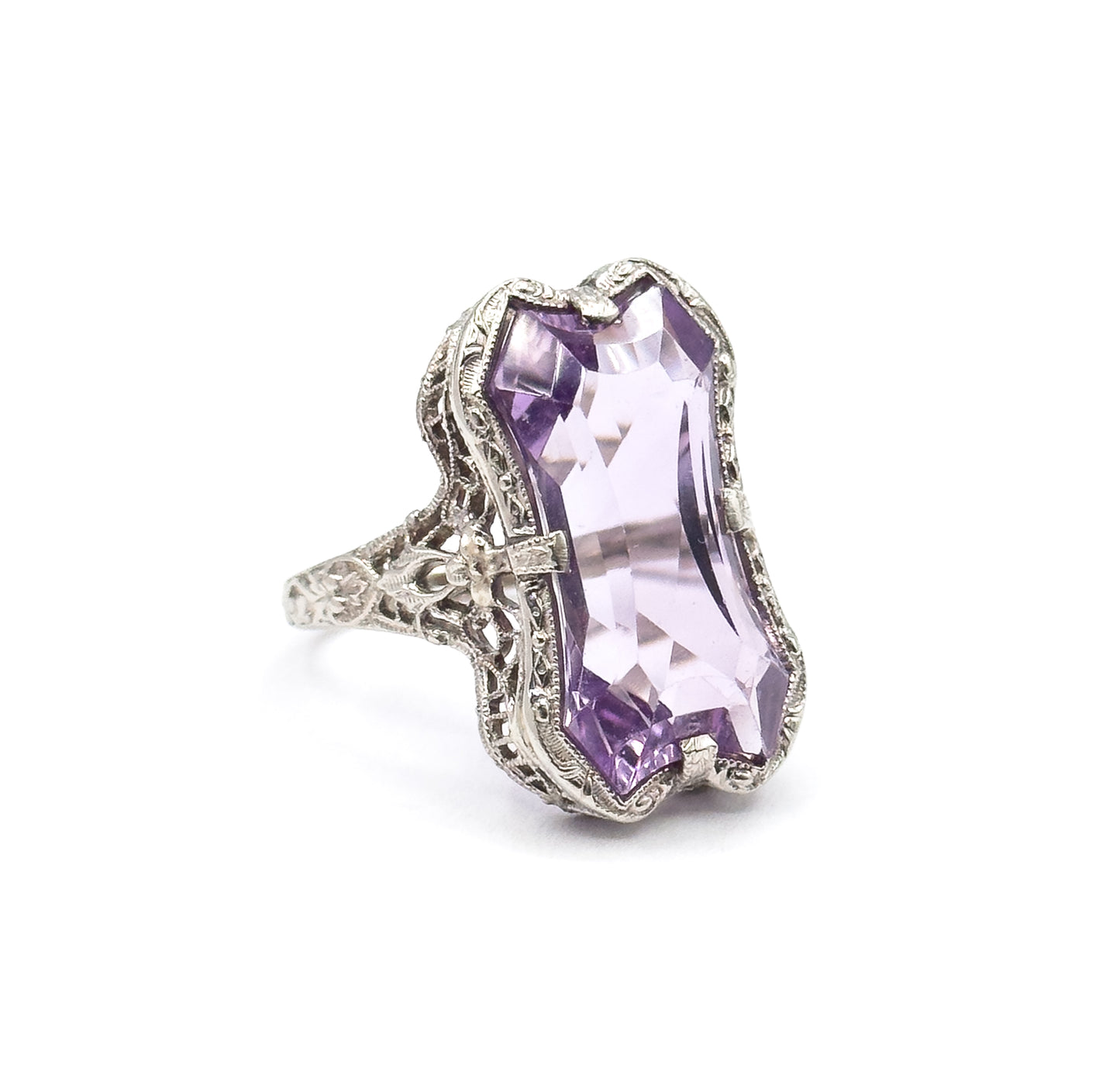 Art Deco Amethyst Filigree Ring in 14K White Gold