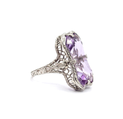 Art Deco Amethyst Filigree Ring in 14K White Gold