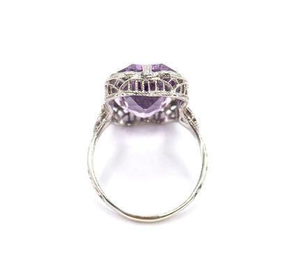 Art Deco Amethyst Filigree Ring in 14K White Gold