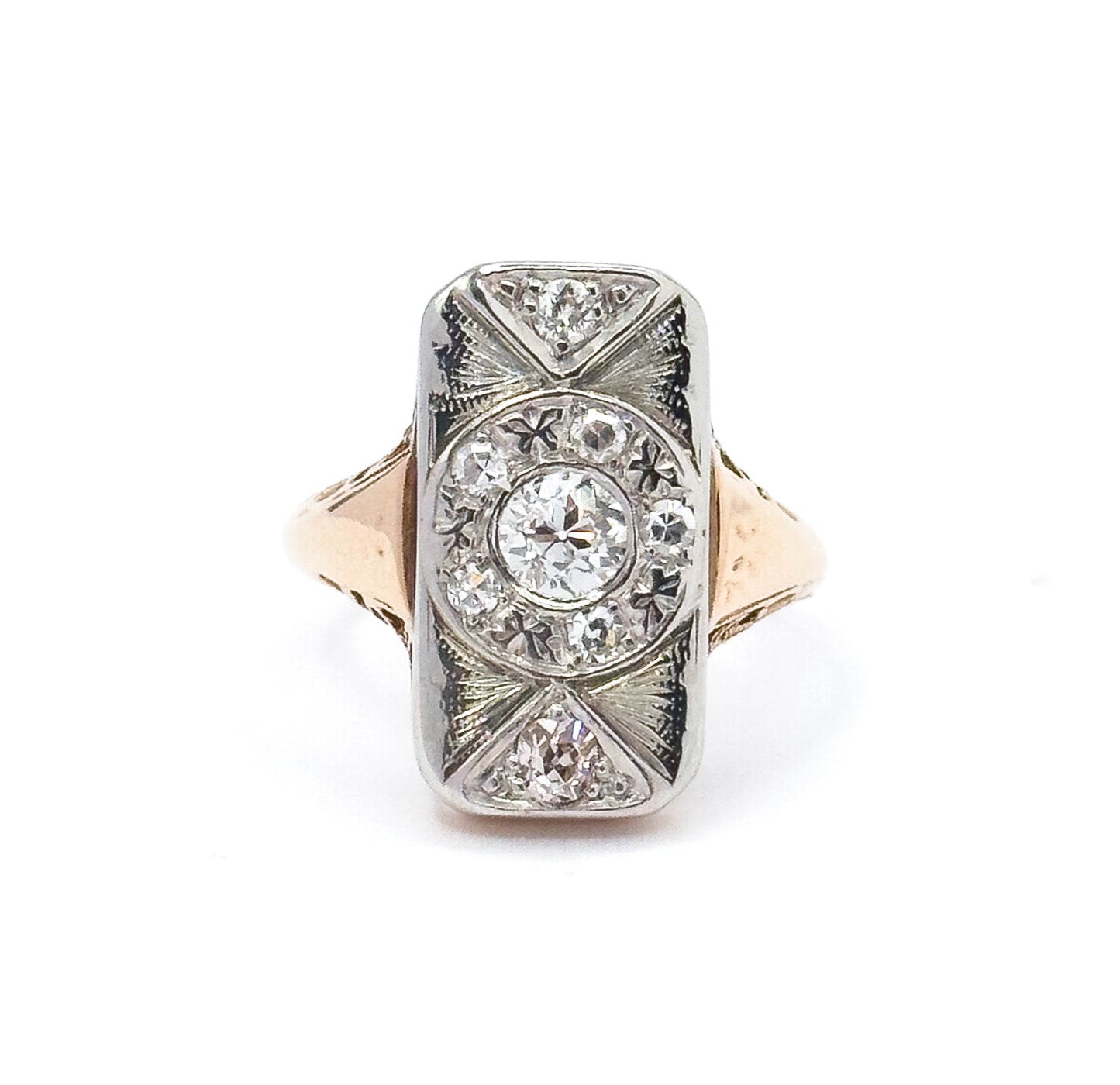 Art Deco Old European Diamond Ring in 14K in Platinum Topped Gold