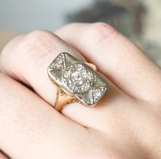 Art Deco Old European Diamond Ring in 14K in Platinum Topped Gold