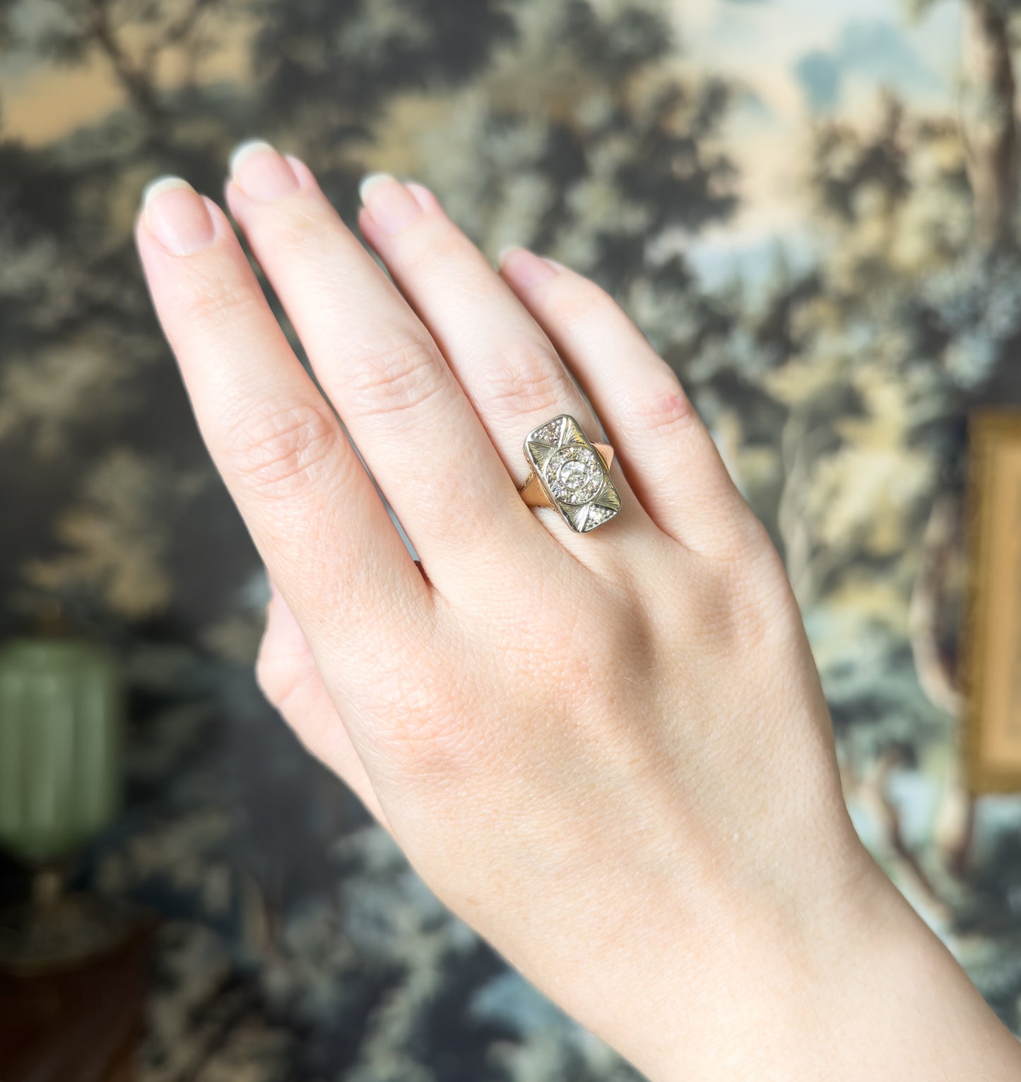 Art Deco Old European Diamond Ring in 14K in Platinum Topped Gold