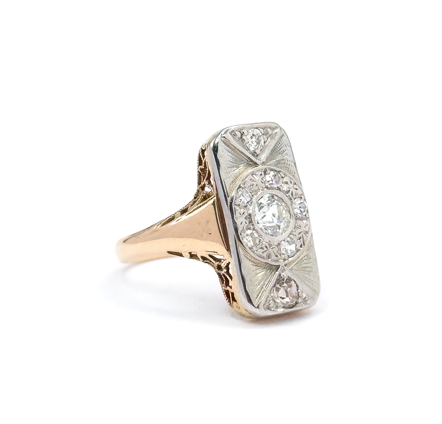 Art Deco Old European Diamond Ring in 14K in Platinum Topped Gold