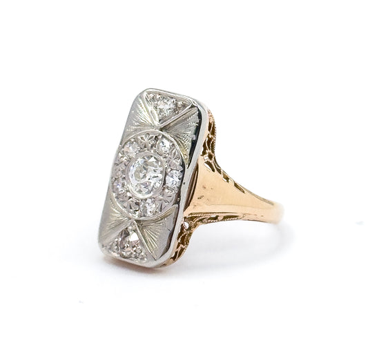 Art Deco Old European Diamond Ring in 14K in Platinum Topped Gold