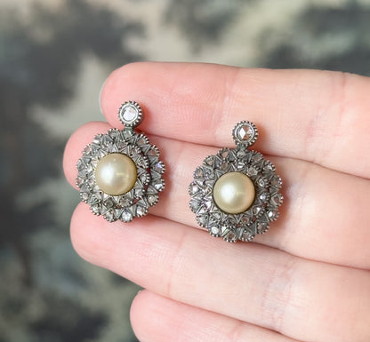 Antique Pearl & Rose Cut Diamond Double Halo Earrings in 14K Two-Tone Gold