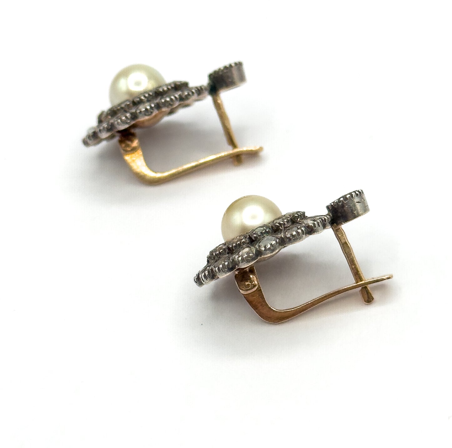 Antique Pearl & Rose Cut Diamond Double Halo Earrings in 14K Two-Tone Gold
