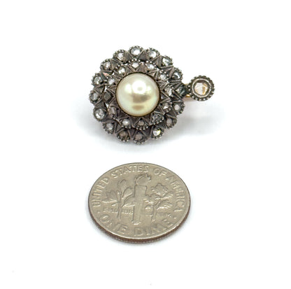 Antique Pearl & Rose Cut Diamond Double Halo Earrings in 14K Two-Tone Gold
