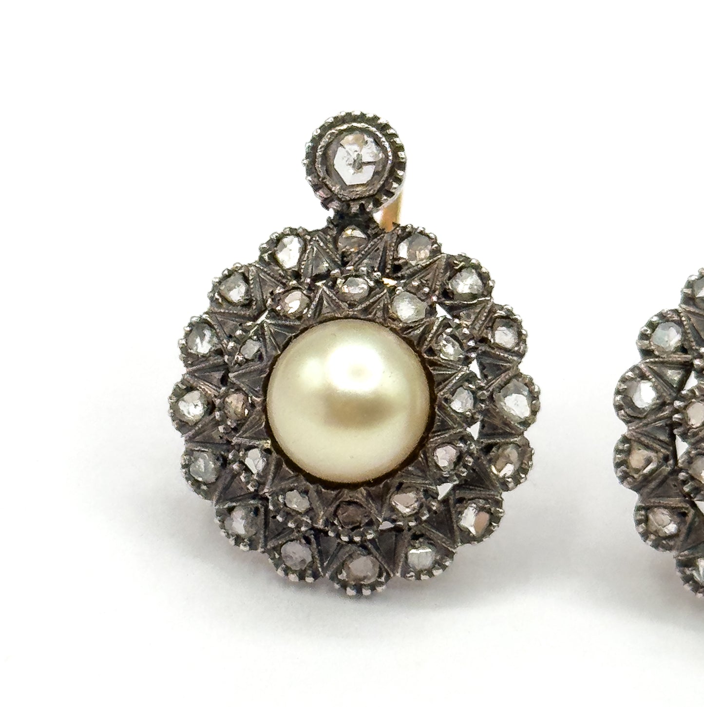 Antique Pearl & Rose Cut Diamond Double Halo Earrings in 14K Two-Tone Gold