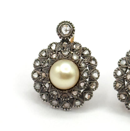 Antique Pearl & Rose Cut Diamond Double Halo Earrings in 14K Two-Tone Gold