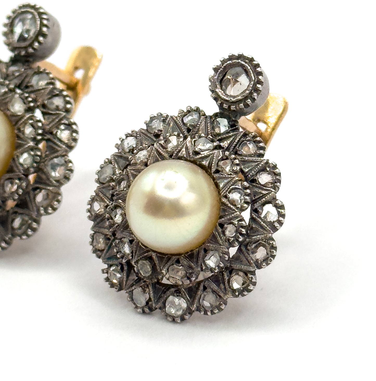 Antique Pearl & Rose Cut Diamond Double Halo Earrings in 14K Two-Tone Gold