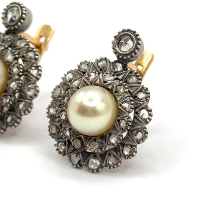 Antique Pearl & Rose Cut Diamond Double Halo Earrings in 14K Two-Tone Gold