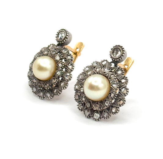 Antique Pearl & Rose Cut Diamond Double Halo Earrings in 14K Two-Tone Gold