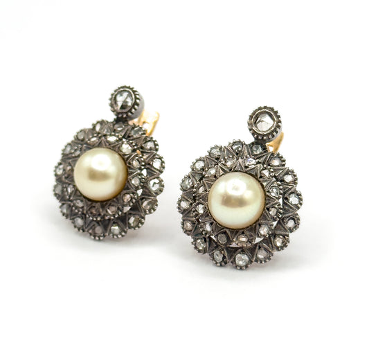 Antique Pearl & Rose Cut Diamond Double Halo Earrings in 14K Two-Tone Gold