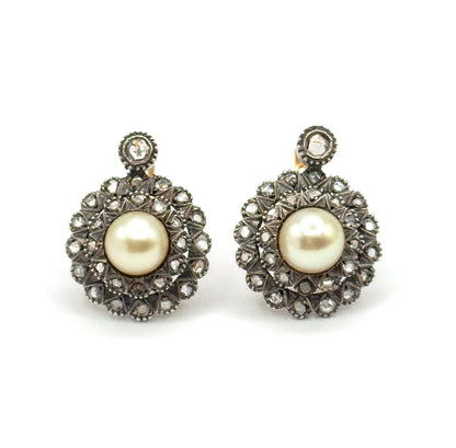 Antique Pearl & Rose Cut Diamond Double Halo Earrings in 14K Two-Tone Gold