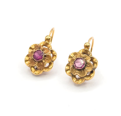 French Art Nouveau Fuchsia Paste Flower Earrings in 18K Yellow Gold