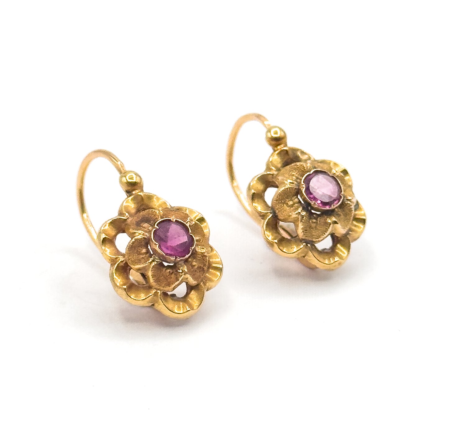 French Art Nouveau Fuchsia Paste Flower Earrings in 18K Yellow Gold