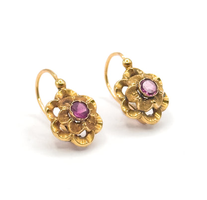French Art Nouveau Fuchsia Paste Flower Earrings in 18K Yellow Gold