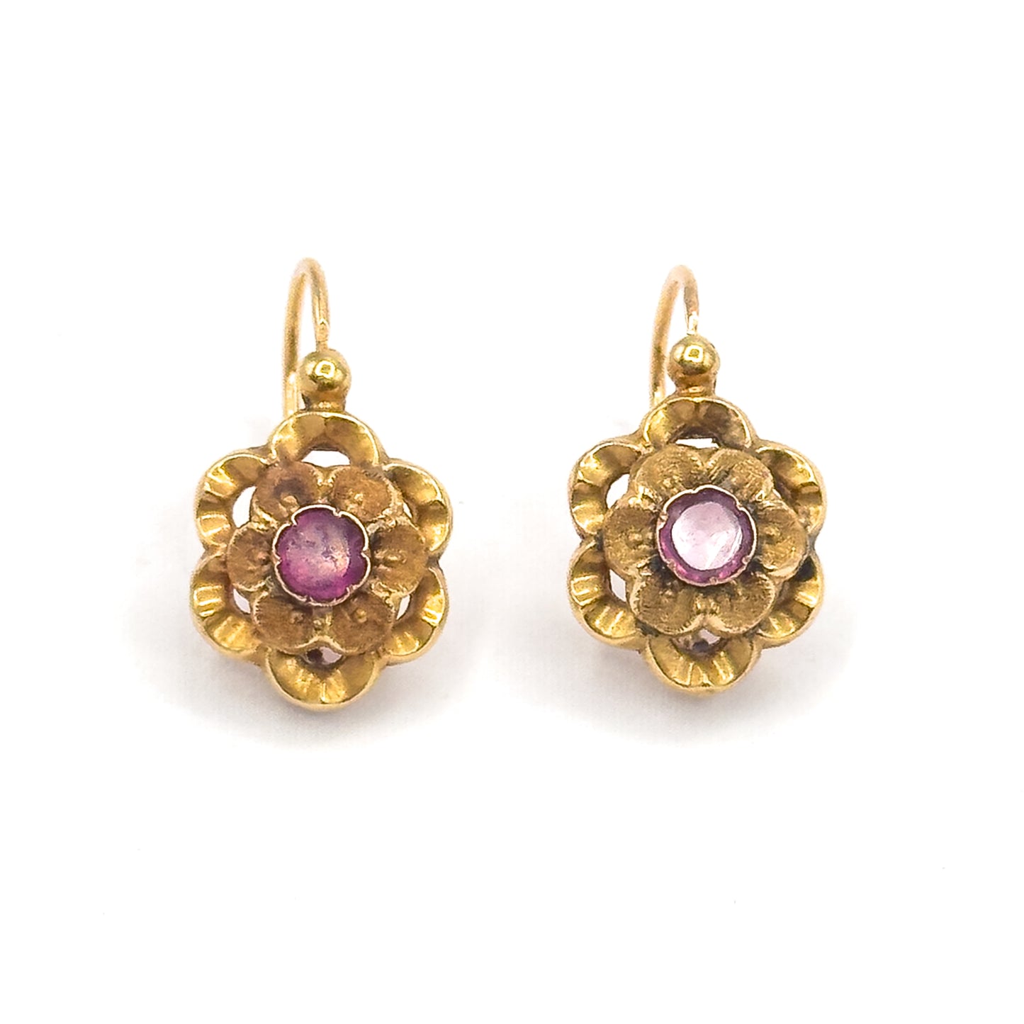 French Art Nouveau Fuchsia Paste Flower Earrings in 18K Yellow Gold