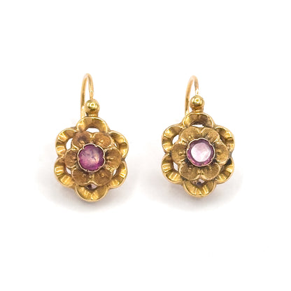 French Art Nouveau Fuchsia Paste Flower Earrings in 18K Yellow Gold