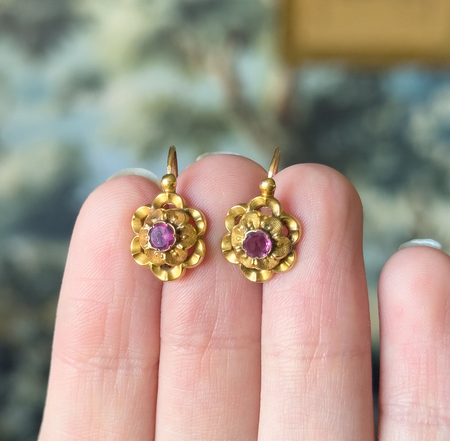 French Art Nouveau Fuchsia Paste Flower Earrings in 18K Yellow Gold