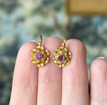 French Art Nouveau Fuchsia Paste Flower Earrings in 18K Yellow Gold