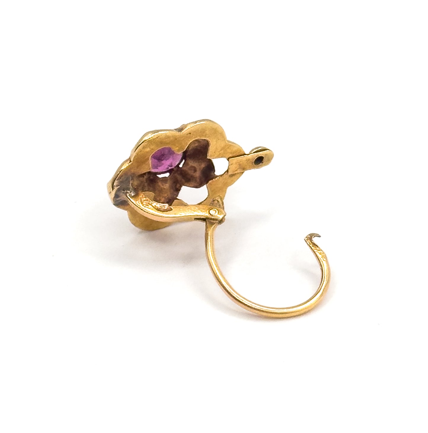 French Art Nouveau Fuchsia Paste Flower Earrings in 18K Yellow Gold
