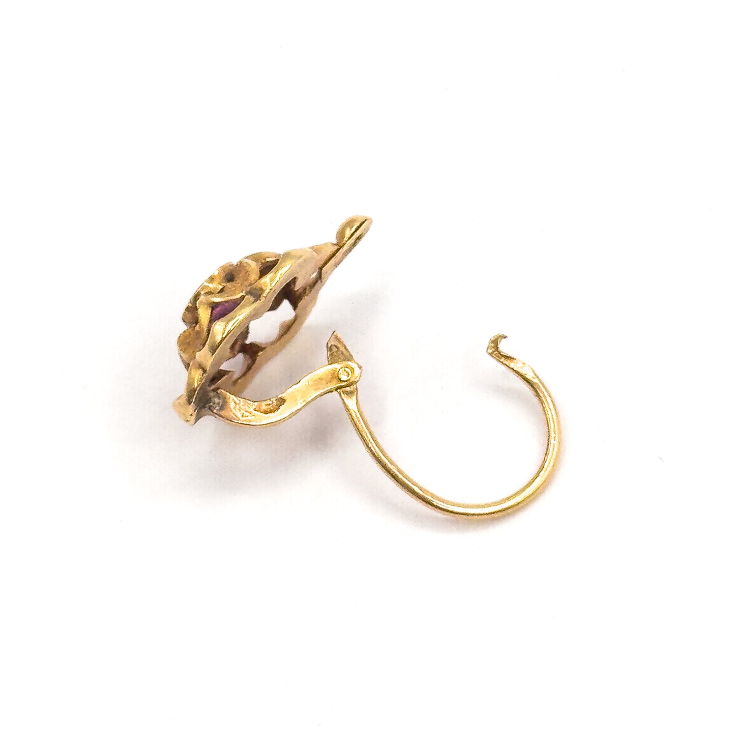 French Art Nouveau Fuchsia Paste Flower Earrings in 18K Yellow Gold