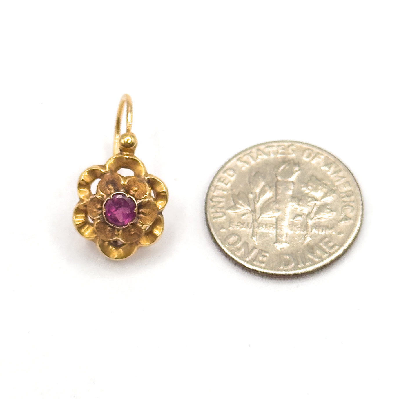 French Art Nouveau Fuchsia Paste Flower Earrings in 18K Yellow Gold