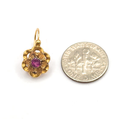 French Art Nouveau Fuchsia Paste Flower Earrings in 18K Yellow Gold