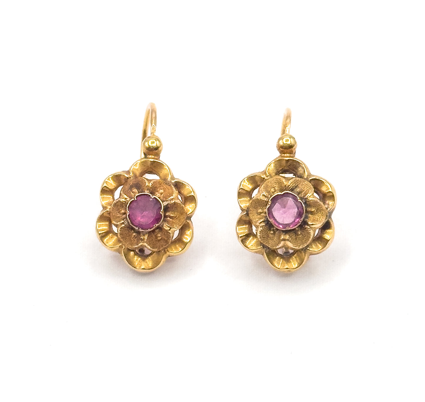 French Art Nouveau Fuchsia Paste Flower Earrings in 18K Yellow Gold