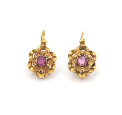 French Art Nouveau Fuchsia Paste Flower Earrings in 18K Yellow Gold