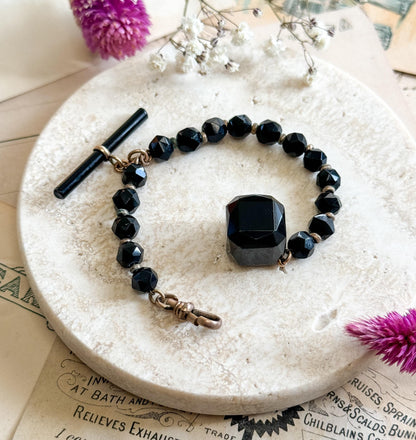 Victorian Ladies French Jet Watch Chain Fob Black Glass w T Bar