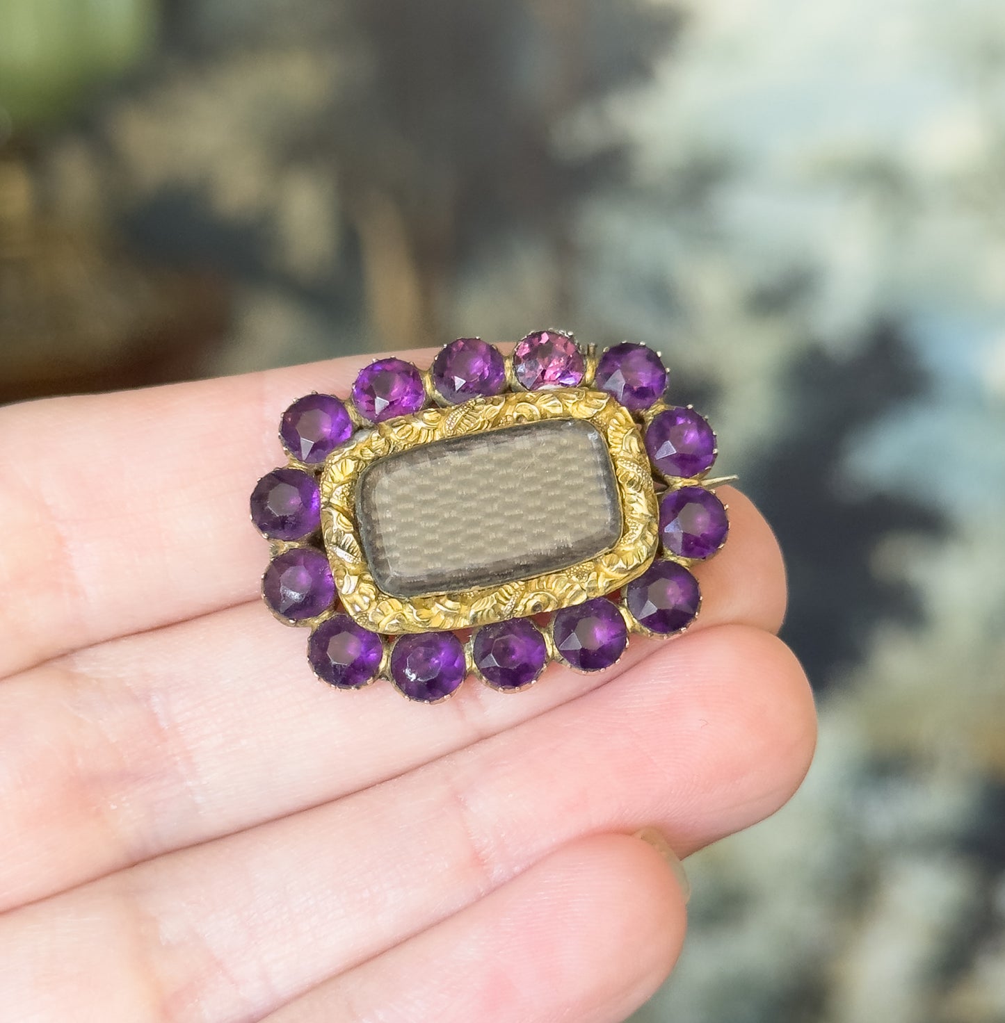Victorian Purple Paste Hair Brooch in gold fill Yellow Gold