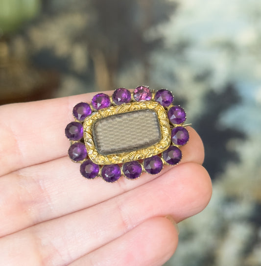 Victorian Purple Paste Hair Brooch in gold fill Yellow Gold
